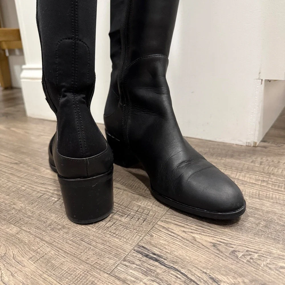Via Spiga Womens Black Leather Over The Knee Block Heel Boots Almond Toe Zip